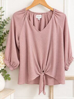 Adrienne Mauve Pink Textured V Neck Tie Front Puff Sleeve Blouse L